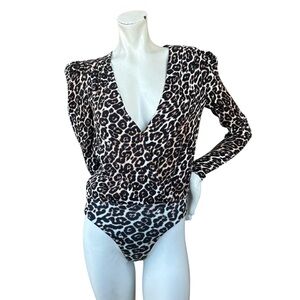 Revolve AFRM Nora Puff Sleeve Deep V-Neck Long Sleeve Leopard Print Bodysuit XS